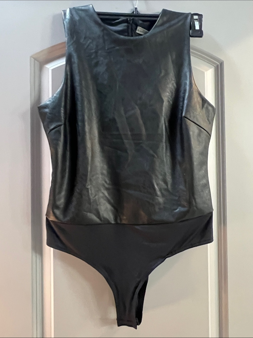 Black Tape_ Black Faux-Leather Sleeveless Bodysuit